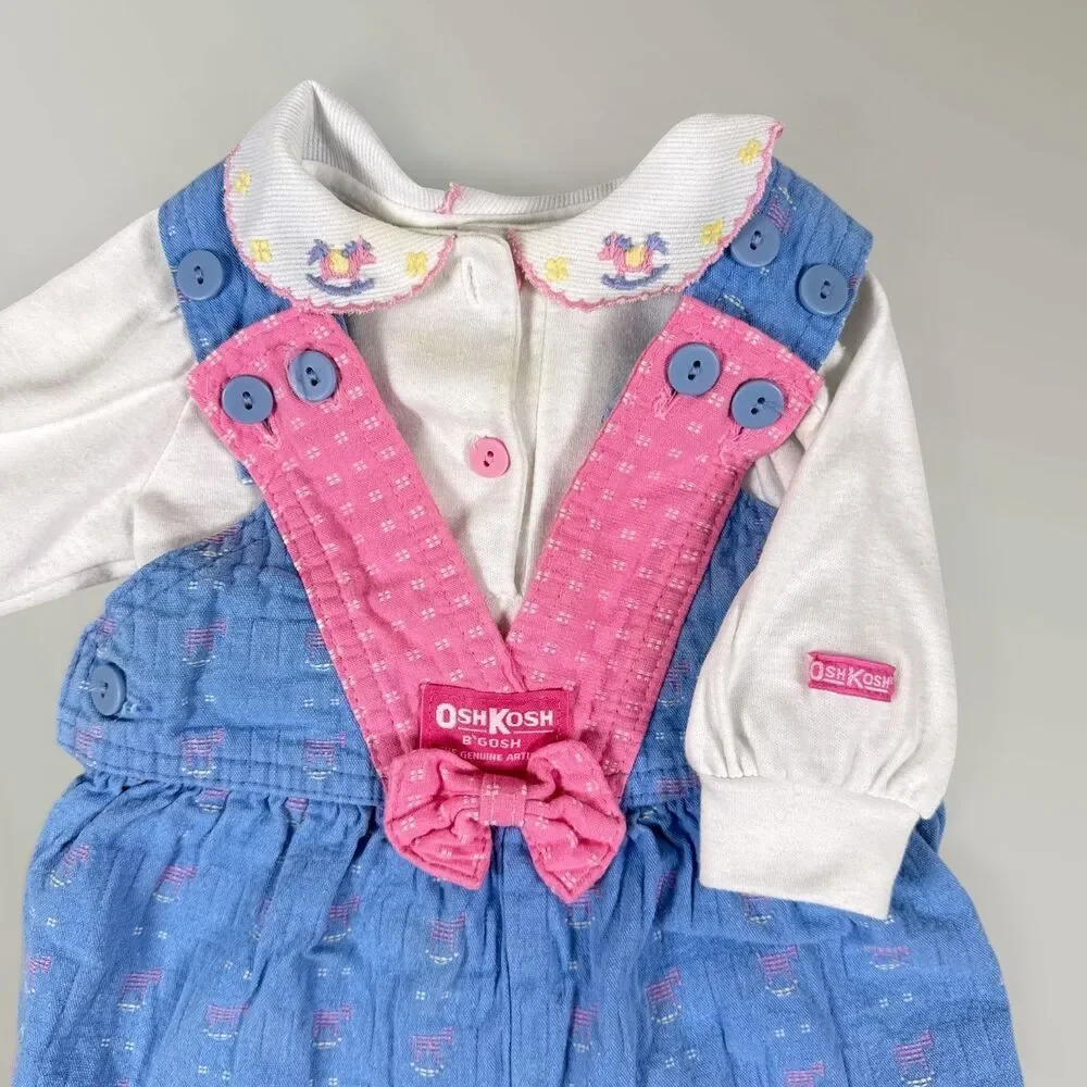 Vtg OshKosh Overalls & Shirt Pink Blue Rocking Horse Bows Vestbak Size 3-6 Mos